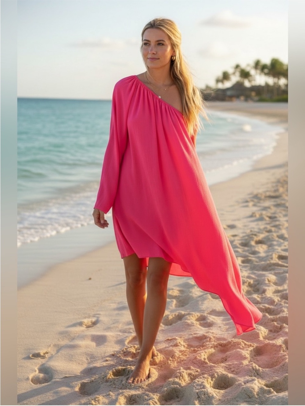 SHEIN Vacay Vibrant Pink One-Shoulder Asymmetrical Dress/Flowy Beach Cover-Up - Picture 4 of 4